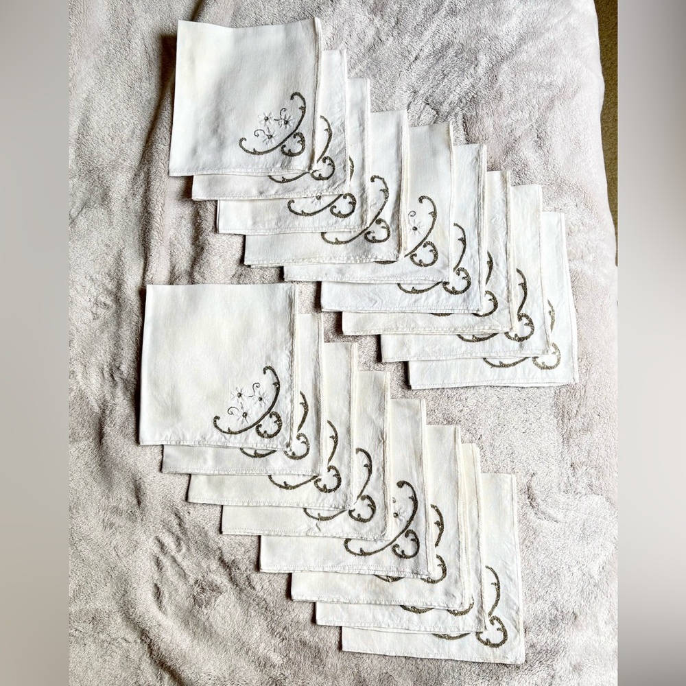 Embroidered White Linen Cocktail Napkins - Set of 17